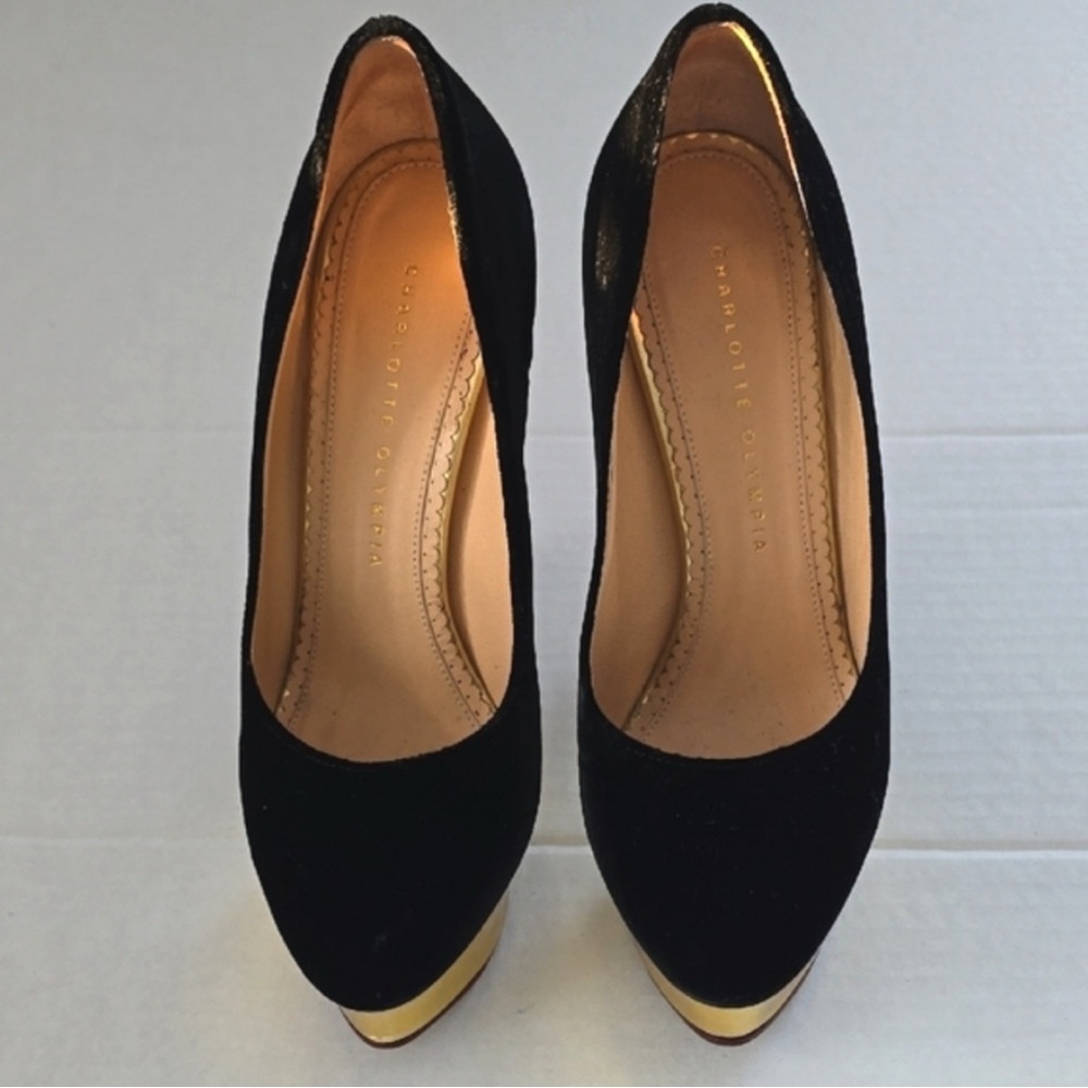 Charlotte Olympia Black and Gold Heels